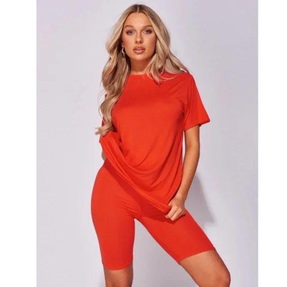Tops - Orange Short Sleeve Top T-Shirt and Biker Shorts Two Piece Set